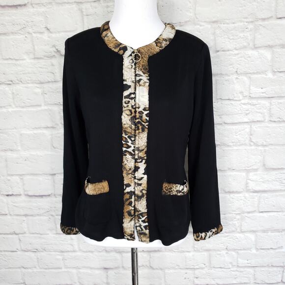 Exclusively Misook Black Full Zip Front Jacket Animal Print Trim Pockets Size XS - Picture 1 of 13